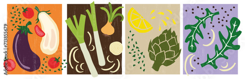 Vegetable Ingredients, Vecotr illustrations -- Aubergine, cherry tomatoes, leek, onion, lemon, artichoke, arugola.