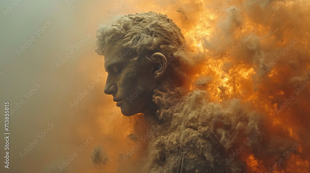 Person in Smoke and Fire with Textured Outfit Wallpaper, generative ai Person in Smoke and Fire with Textured Outfit Wallpaper, generative ai