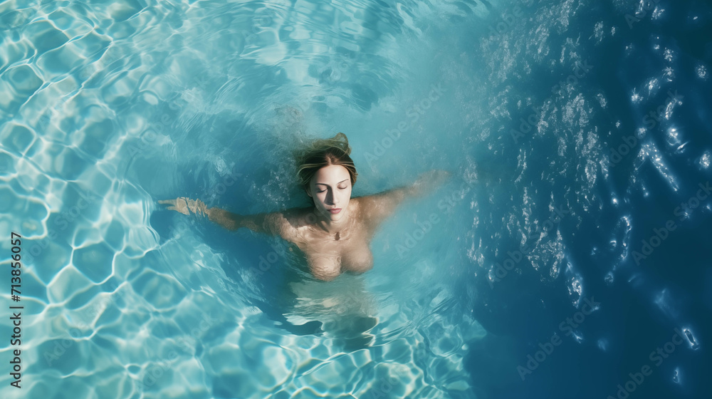 Caucasian woman swimming in the pool.