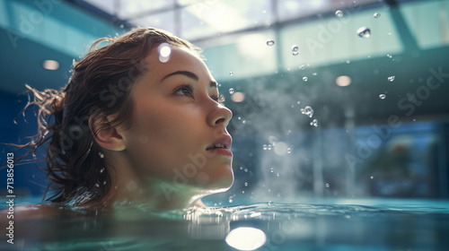 Caucasian woman swimming in the pool.