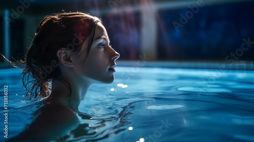 Caucasian woman swimming in the pool.