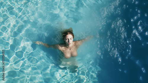 Caucasian woman swimming in the pool.