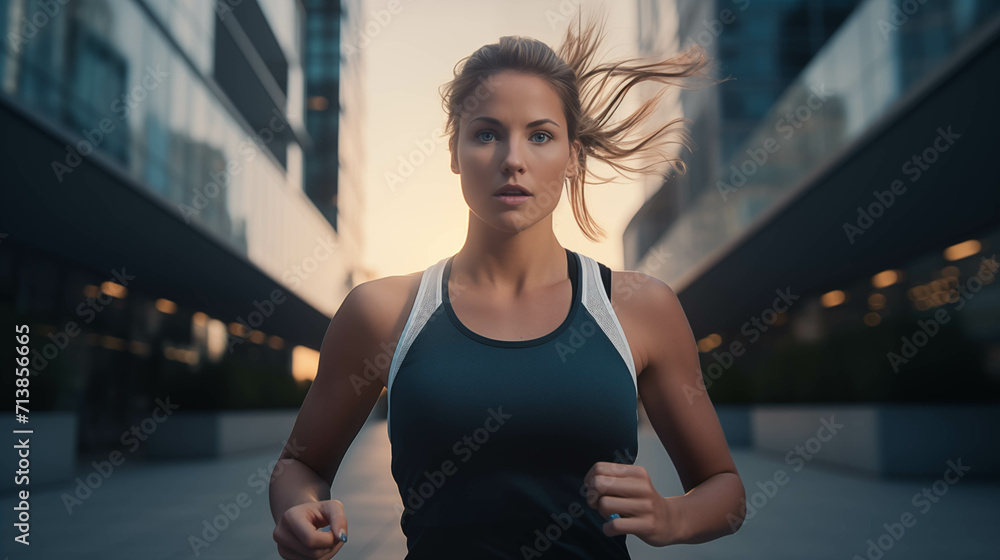 Young Caucasian woman jogging in the city.