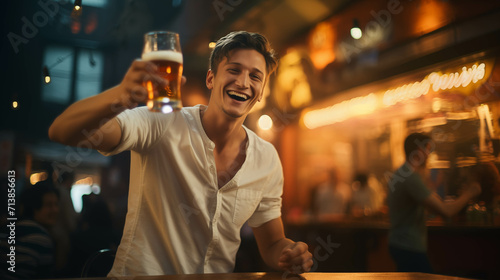 Caucasian man drinking beer in pub.