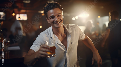 Caucasian man drinking beer in pub.