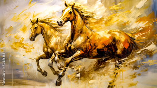 Painting of two brown horses running in the wind with white background.