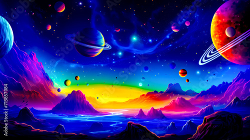 Painting of planets in the sky with mountains and mountains in the background.
