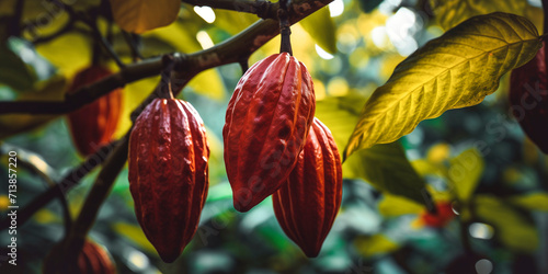 detail of ripe cacao fruits hanging from a cacao tree (Theobroma cacao) in a cacao cultivation photo