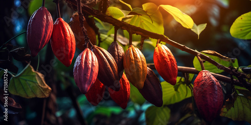 detail of ripe cacao fruits hanging from a cacao tree (Theobroma cacao) in a cacao cultivation photo