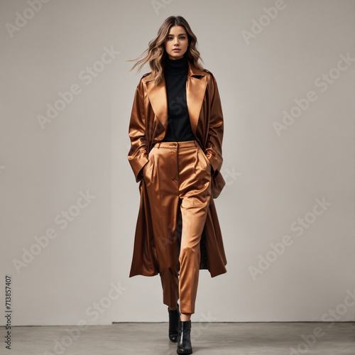 The girl is sexy in a beautiful golden brown coat black and pants