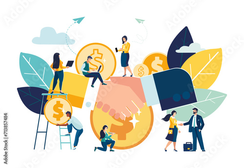 Business concept.Vector illustration, financial partnership, parties agreement, handshake, signing documents.Successful contract, money,dollars, kopecks, small business people.Green, building business