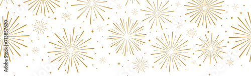 Gold firework vector banner, seamless repeating pattern for new year celebration, greeting card decoration element, simple golden border design, isolated