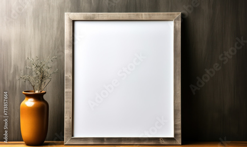 Minimalistic white picture frame with blank space for artwork or photograph, standing on a wooden surface against a textured grey wall background