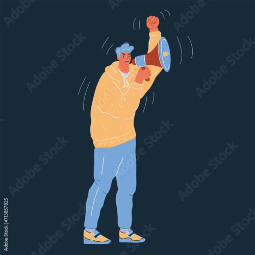 Vector illustration of dissatisfied and angry man holding loudspeaker and cry. Character on dark backround.