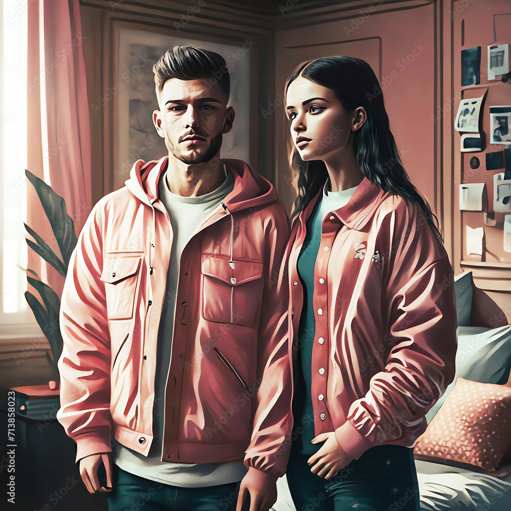 Carton Boyfriend Girlfriend with same color pink jacket in a beautiful bedroom with red Flower. Ai generative,