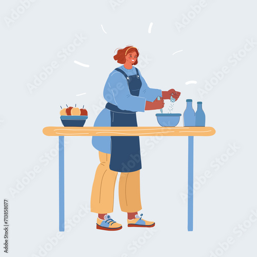Vector illustration of woman cooking food at home. Character on white backround.