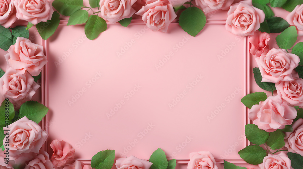 Romantic Rose Flowers and Green Leaves Banner on Pink Background – Springtime Elegance for Invitations, Cards, and Events