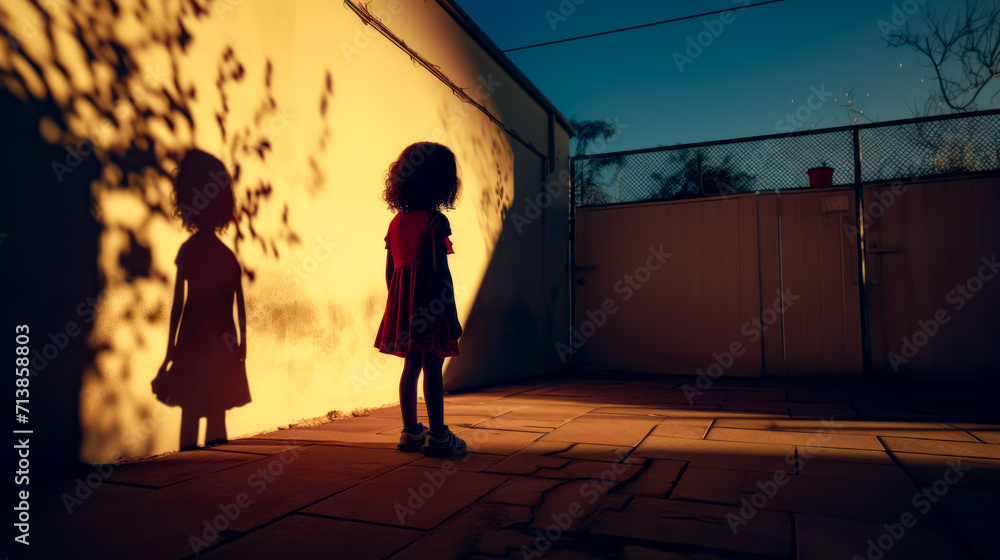Little girl standing in front of wall with shadow on it. Little girl standing in front of wall with shadow on it.