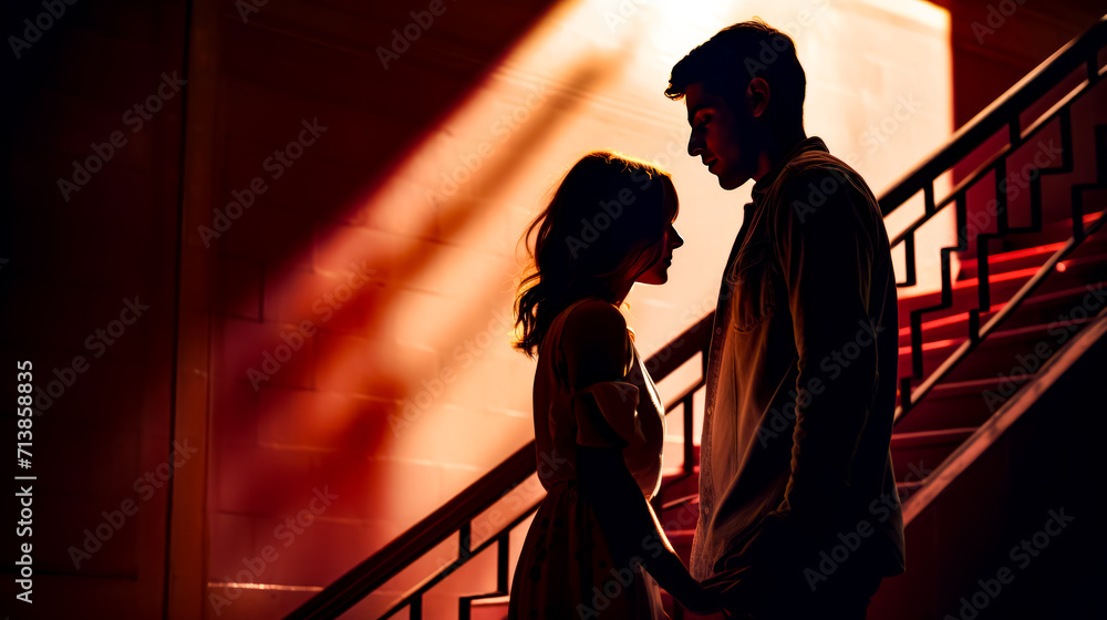 Man and woman standing next to each other in front of stair case.