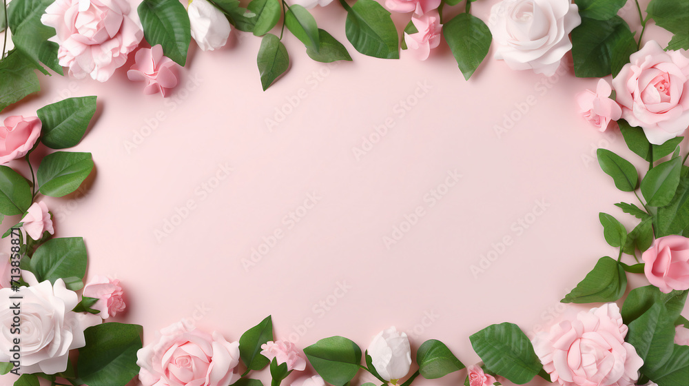 Romantic Rose Flowers and Green Leaves Banner on Pink Background – Springtime Elegance for Invitations, Cards, and Events Romantic Rose Flowers and Green Leaves Banner on Pink Background – Springtime Elegance for Invitations, Cards, and Events