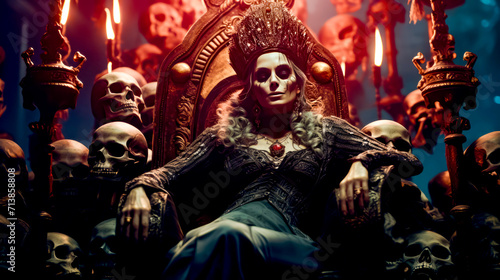 Woman sitting on top of chair in room filled with skulls.
