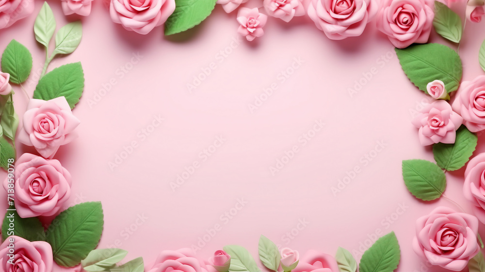 Romantic Rose Flowers and Green Leaves Banner on Pink Background – Springtime Elegance for Invitations, Cards, and Events