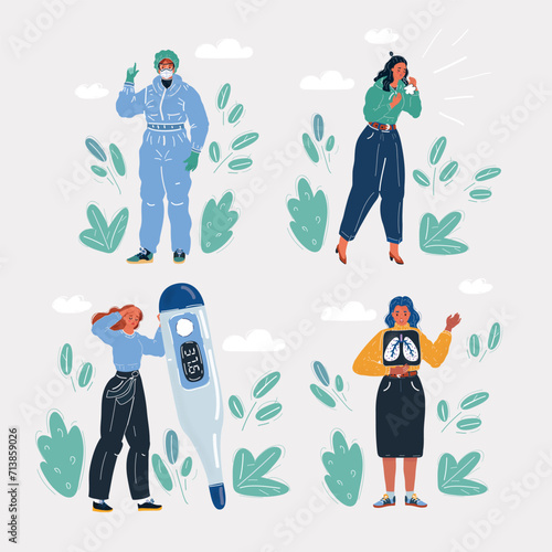 Vector illustration of flu symptoms influenza woman. Character sets. Doctor with mask, cough, x-ray of lung, woman with fever with thermometer.