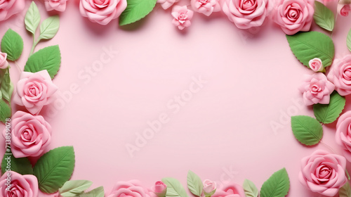 Romantic Rose Flowers and Green Leaves Banner on Pink Background – Springtime Elegance for Invitations, Cards, and Events © Sunanta