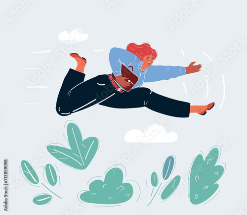 Vector illustration of Businesswoman running in a hurry holding briefcase, business concept, lot of work to do
