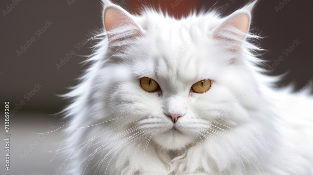 Close-Up Portrait of a Beautiful White Long-Haired Cat with Yellow Eyes