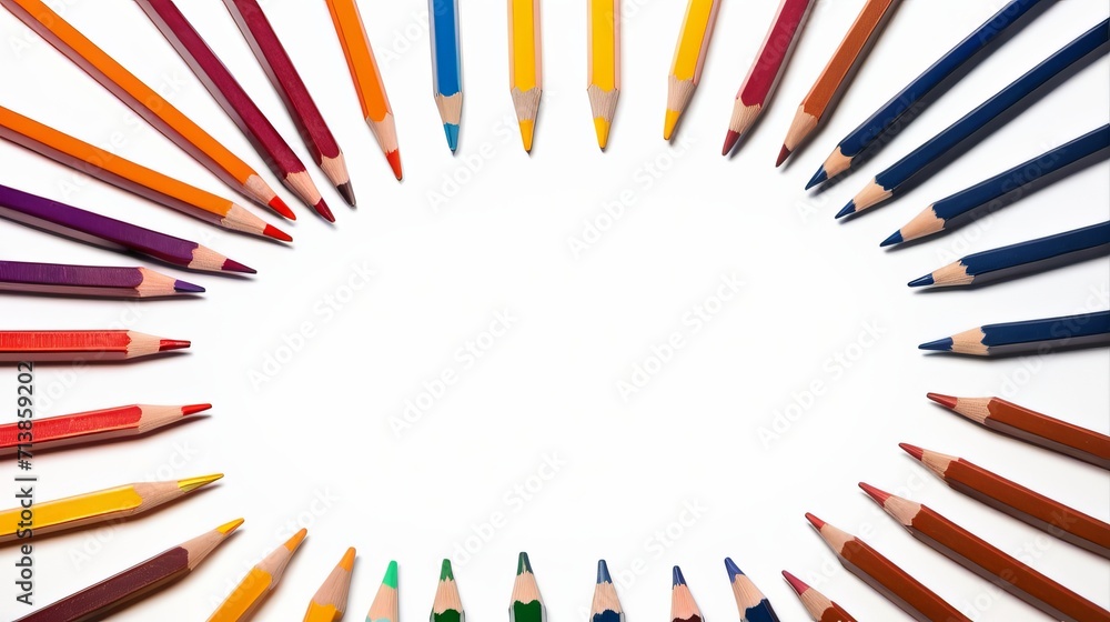 Array of Sharpened Color Pencils in a Circle on a White Background, Symbolizing Unity and Diversity Array of Sharpened Color Pencils in a Circle on a White Background, Symbolizing Unity and Diversity