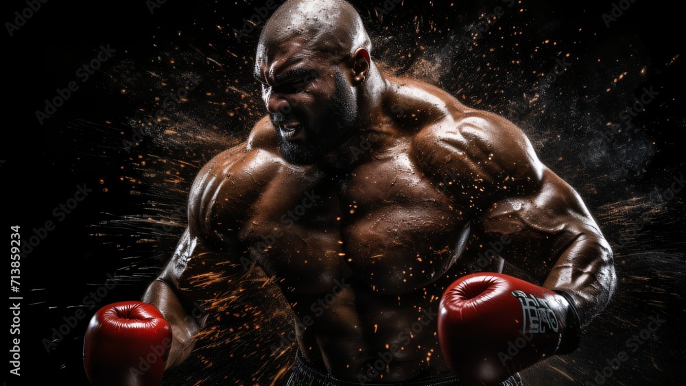 Power in Motion: Muscular Heavyweight Boxer in Dynamic Action for Sports Advertising Power in Motion: Muscular Heavyweight Boxer in Dynamic Action for Sports Advertising