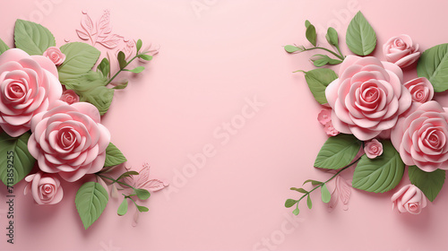 Romantic Rose Flowers and Green Leaves Banner on Pink Background     Springtime Elegance for Invitations  Cards  and Events