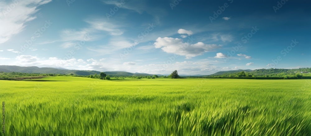 natural scenic panorama green field.Landscape view of green grass on slope with blue sky and clouds background.