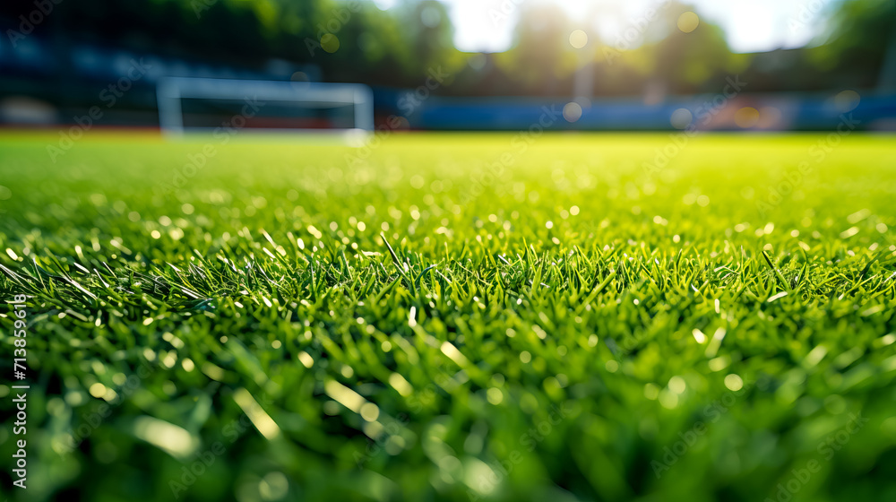 Soccer field with green grass and the sun shining through the trees in the background.
