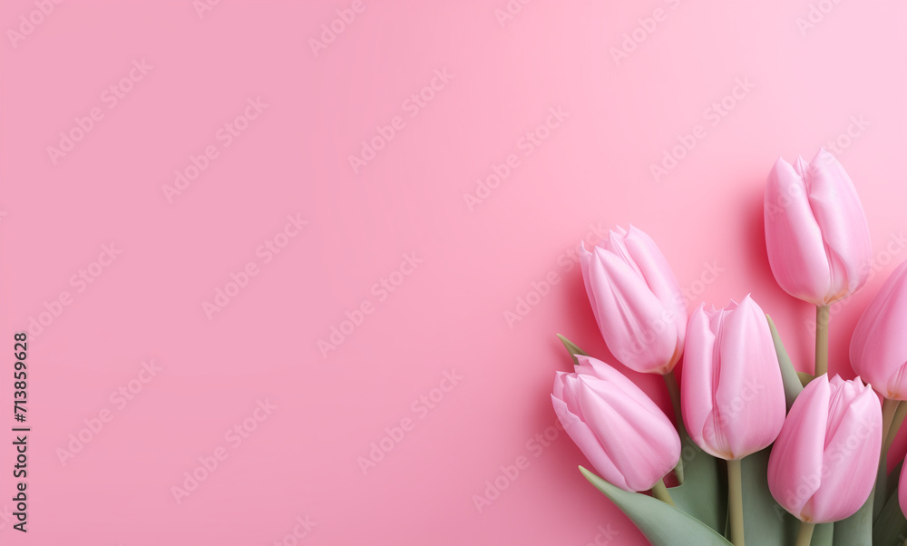 colorful tulips on pink background with copy space