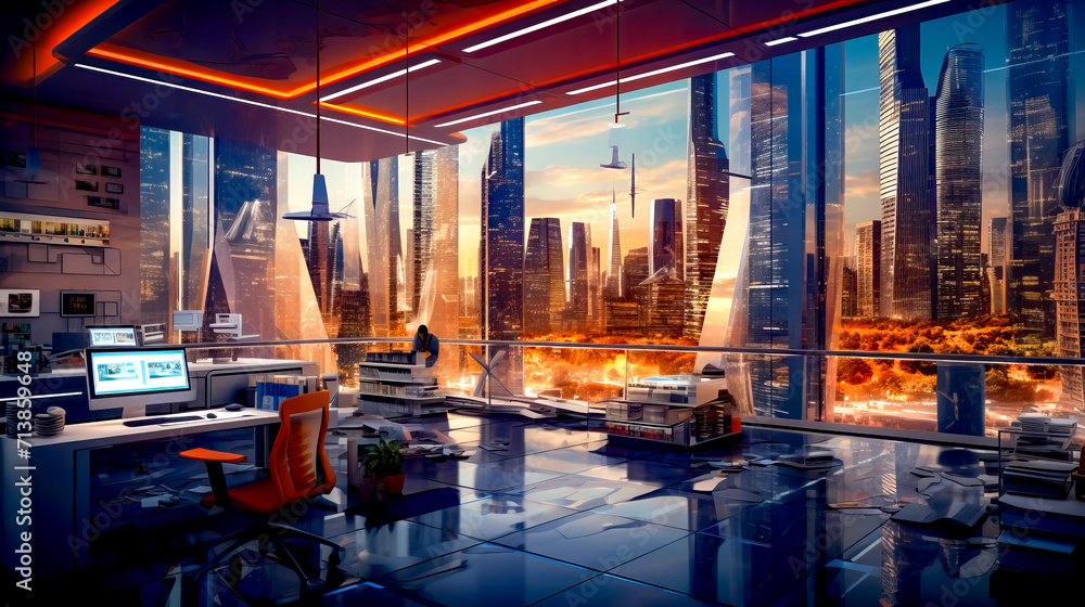 Man sitting at desk in room with view of city.