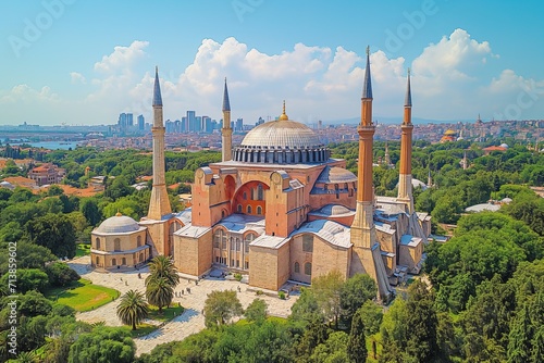 Hagia Sophia mosque in Istanbul, Turkey, aerial view, European Islam architecture, Travel tourism landmarks