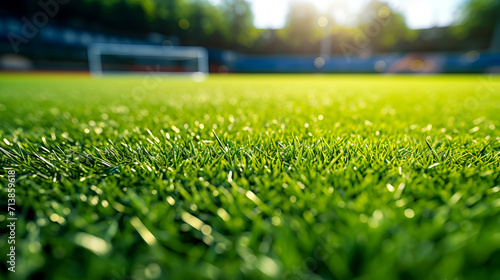 Soccer field with green grass and the sun shining through the trees in the background.