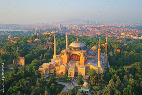 Hagia Sophia mosque in Istanbul, Turkey, aerial view, European Islam architecture, Travel tourism landmarks