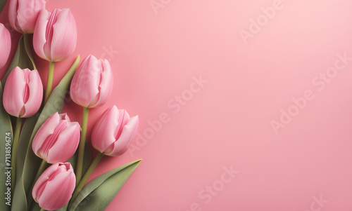 colorful tulips on pink background with copy space