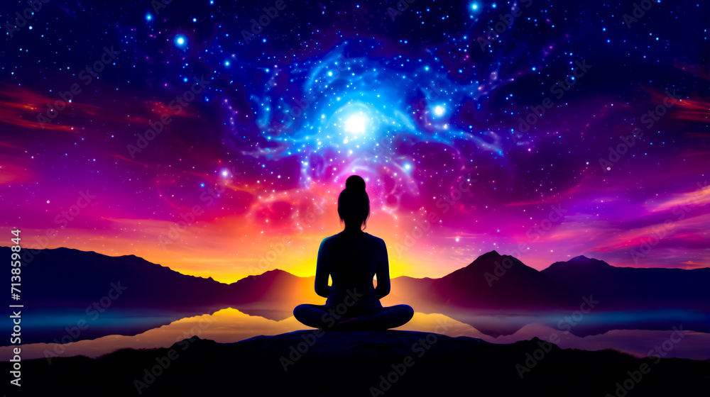 Person sitting in lotus position in front of night sky with stars.