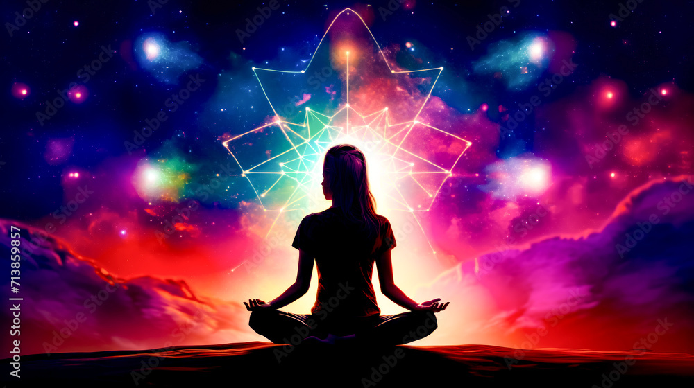 Woman sitting in lotus position in front of star filled sky.