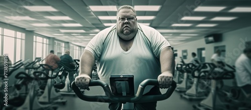 Overweight man cycles diligently in the gym. A testament to determination and a healthy lifestyle. photo