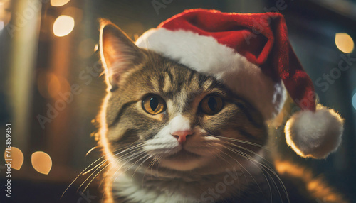 Cute cat with red Christmas Santa hat, New Year holiday portrait, domestic pet kitten © happyjack29