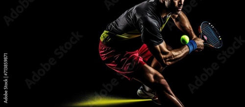 Padel tennis player with racket. Man athlete with paddle racket on court with neon colors. Sport concept. © Zie