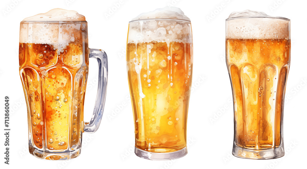 custom made wallpaper toronto digitalset of three glasses of blonde beer with foam watercolor illustration png isolated on a transparent background, alcoholic drink clipart 