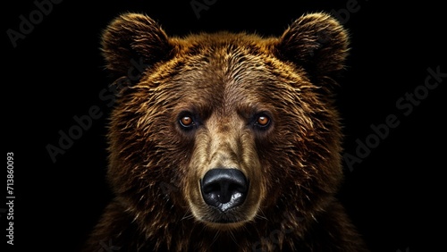 Majestic Brown Bear Close-Up: Intense Gaze Against a Black Background: Wildlife Photography on Dark Backdrop