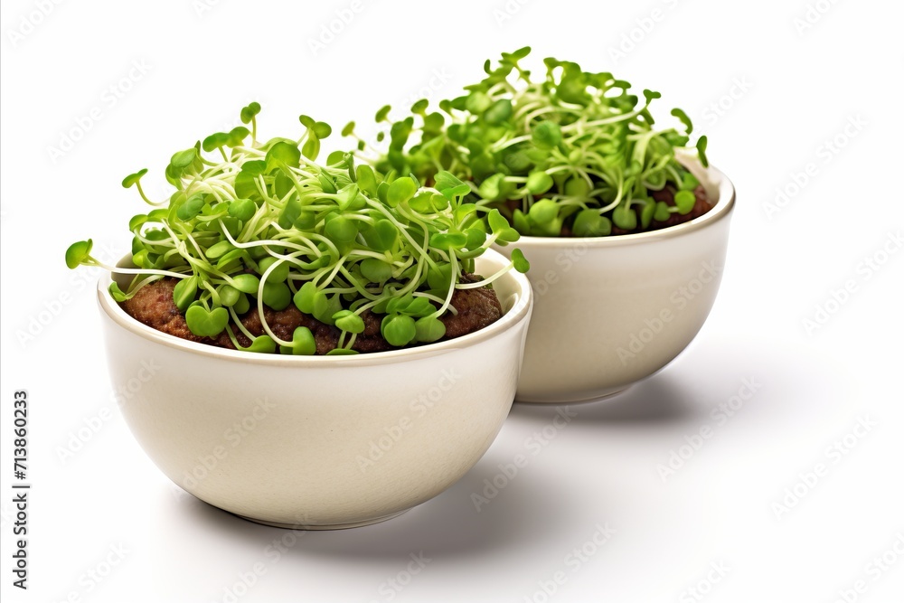 Fresh and vibrant micro green pea sprouts growing in isolated potted soil on white background Fresh and vibrant micro green pea sprouts growing in isolated potted soil on white background