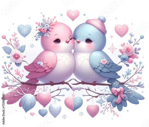 Valentine's Day Pastel Couple Bird Clipart Bundle, Valentine's day greeting card with cute birds in love.